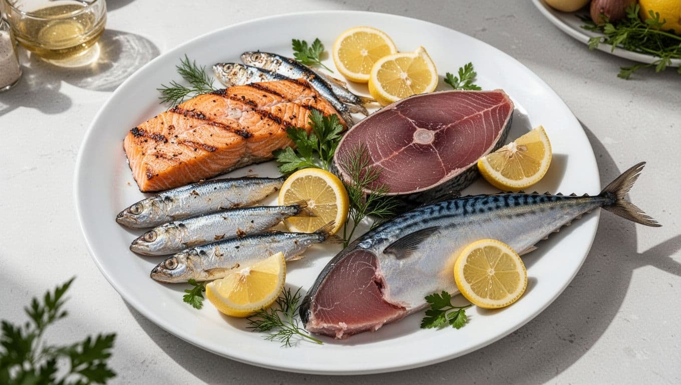 White plate with grilled salmon, tinned sardines, tuna steak, mackerel fillet, lemon wedges, and fresh herbs on kitchen table.