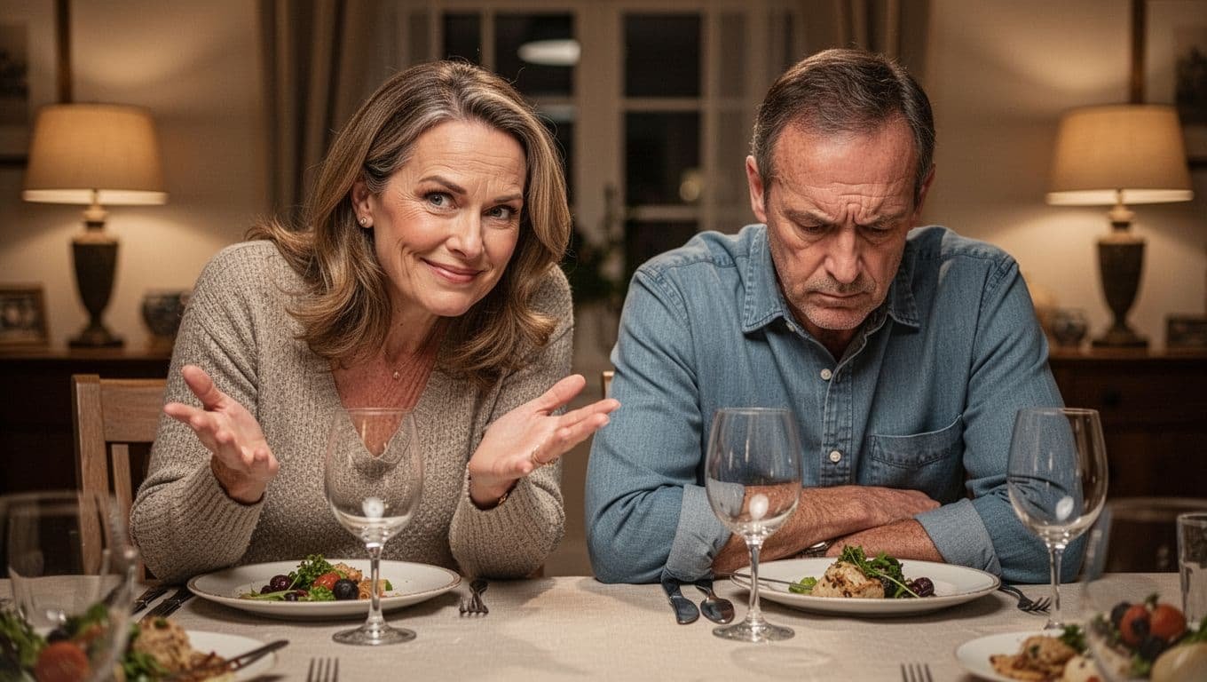 Realistic photograph of a middle-aged couple at a dinner table under warm indoor lighting, with the wife using a sarcastic expression and hand gesture to talk down to her ashamed and withdrawn husband.