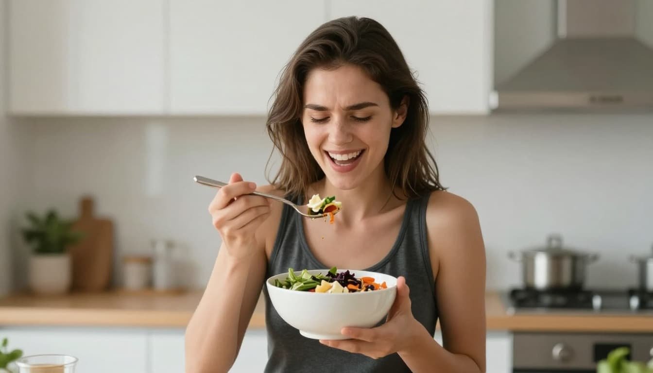 Satisfied young woman in modern kitchen holding an empty high protein low carb bowl after eating, looking energized and slim with natural daylight lighting.