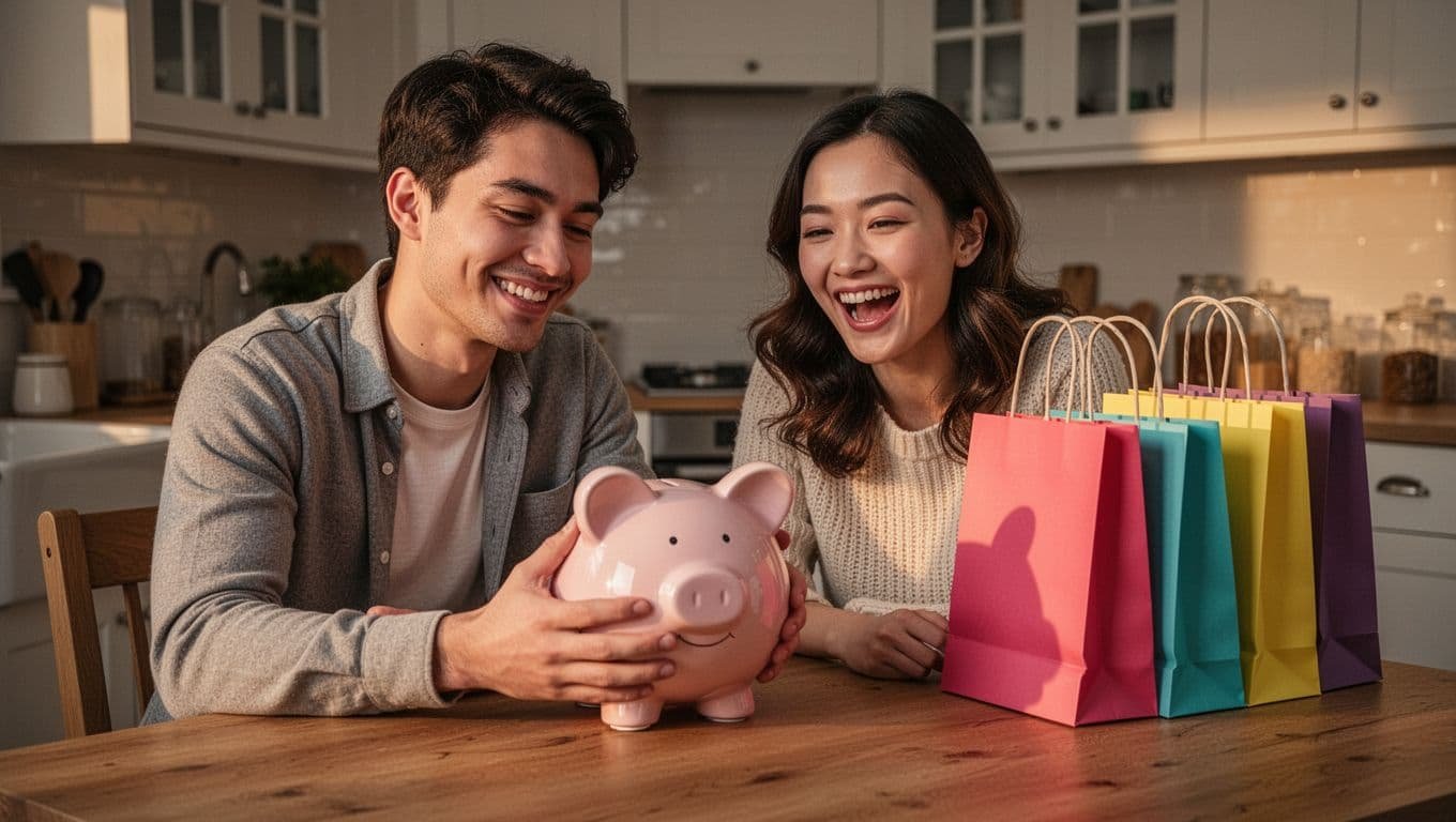Cozy kitchen scene with a young couple at a wooden table: one partner smiles holding a full piggy bank symbolizing saving, the other grins excitedly next to colorful shopping bags representing spending, under warm evening lighting in realistic photograph style.