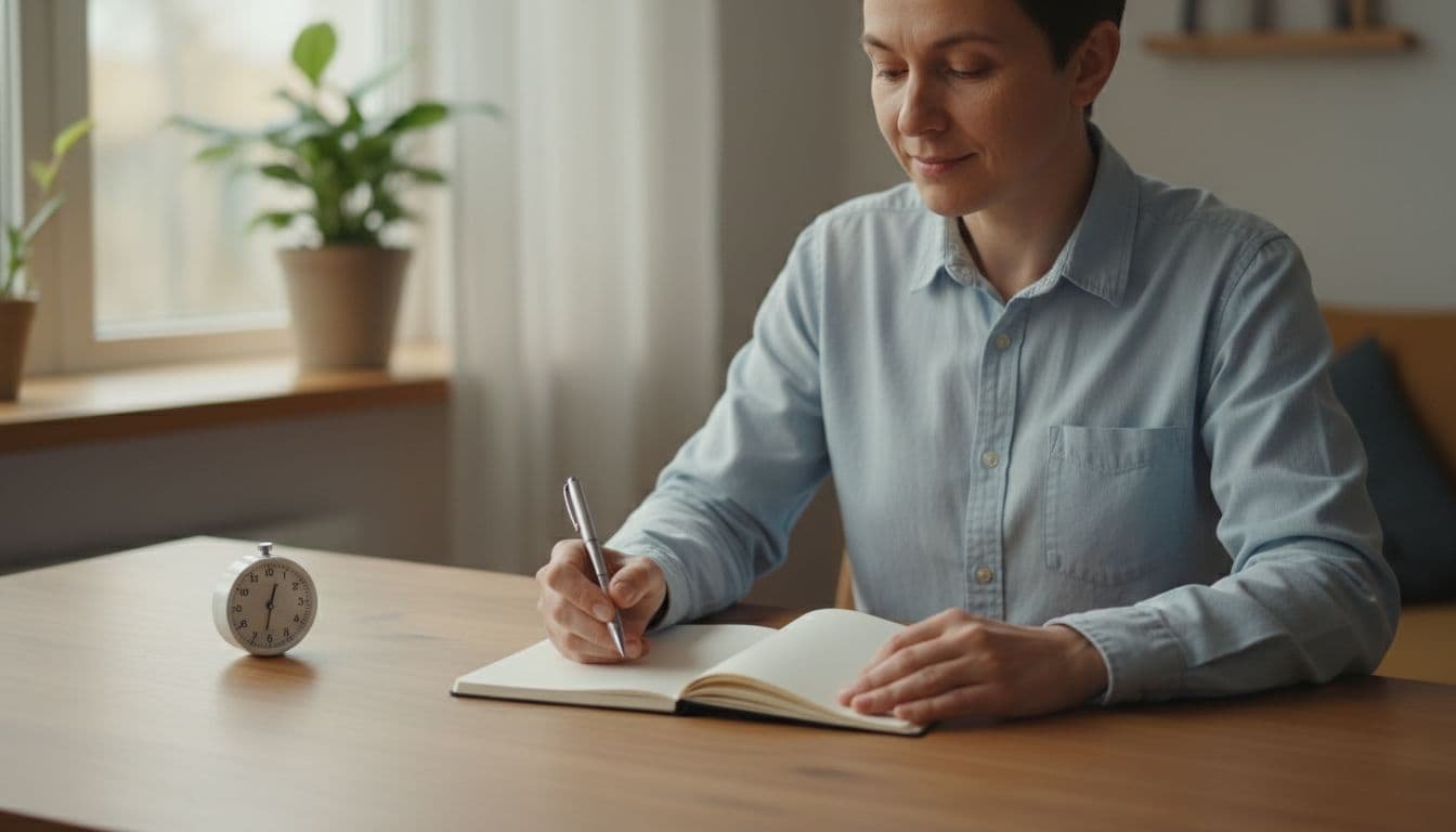 An adult at a simple desk in a quiet cozy home with soft natural light and a plant, focuses calmly while holding a pen over a blank open notebook, beside a small analog timer set to 10 minutes.