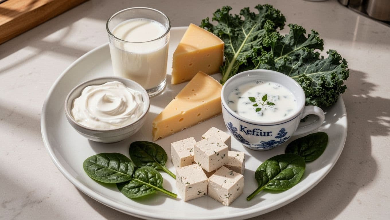 Top view of an assortment of calcium-rich power foods on a white plate: Greek yogurt, milk, cheese, kefir, tofu cubes, kale, and spinach in a cozy kitchen setting.