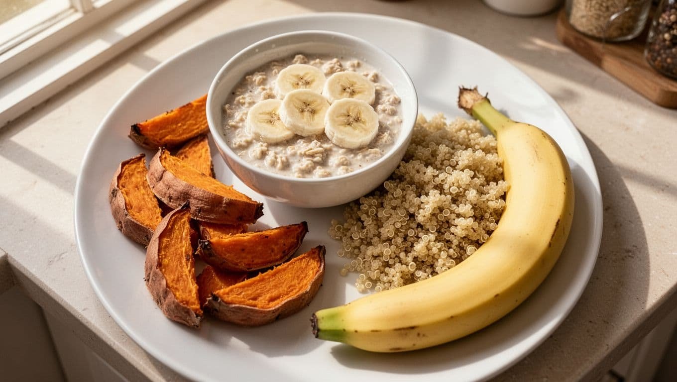 Top view of baked sweet potato, bowl of oats with banana slices, cooked quinoa, and fresh banana on a simple plate in a home kitchen with warm lighting, focusing on these pregnancy energy foods.