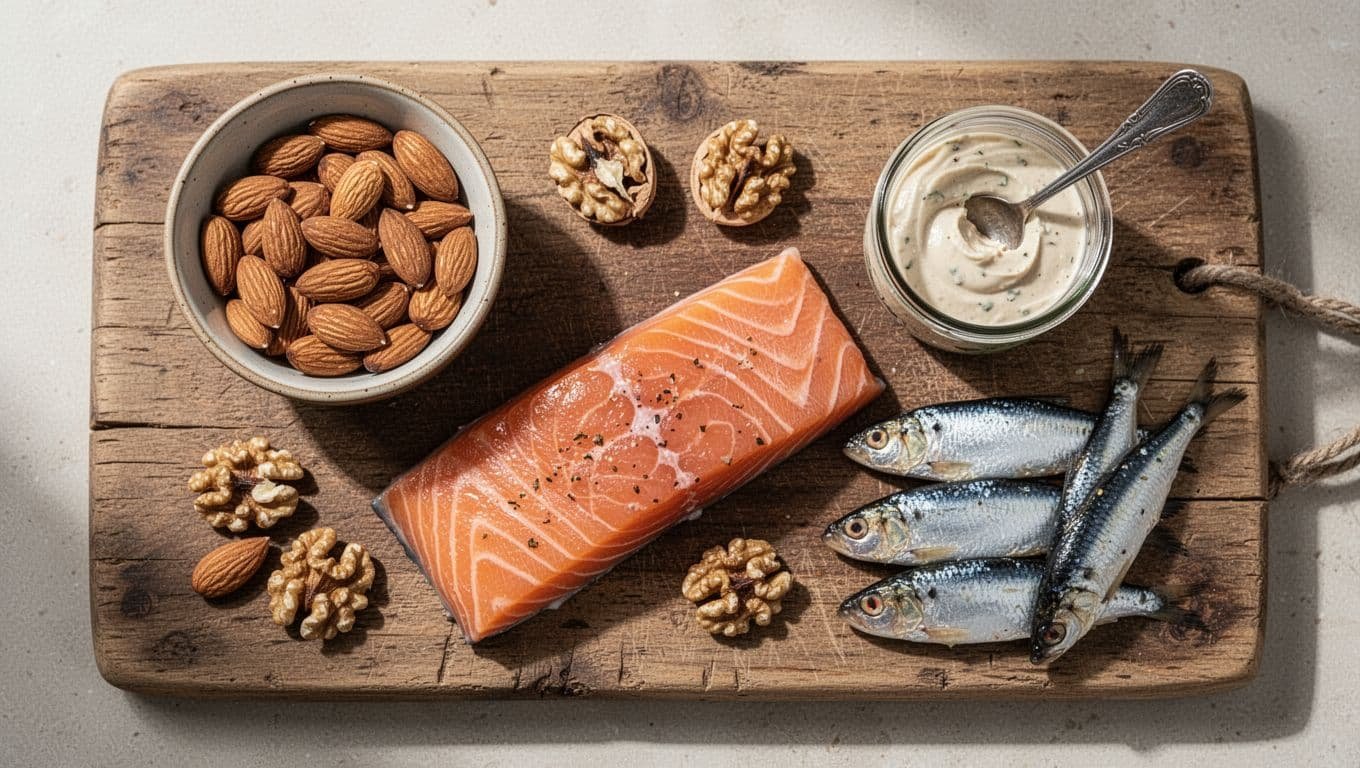 Top view of cooked salmon fillet, almonds in a bowl, walnuts, peanut butter jar with spoon, and sardines arranged on a wooden board in a realistic, appetizing style with soft lighting.