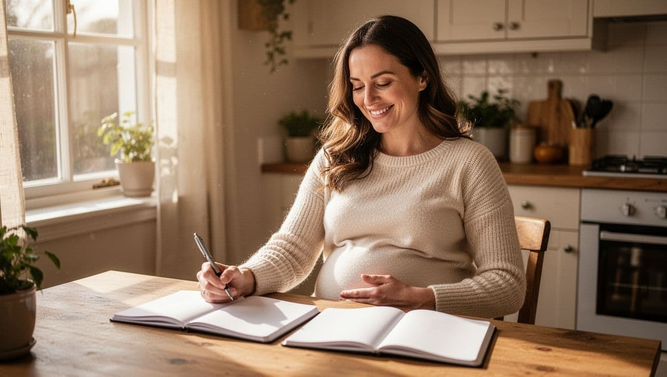 A pregnant woman in her second trimester sits comfortably at a sunny kitchen table with a simple open notebook showing a checklist outline, gently holding a pen with a relaxed smile in soft natural morning light.