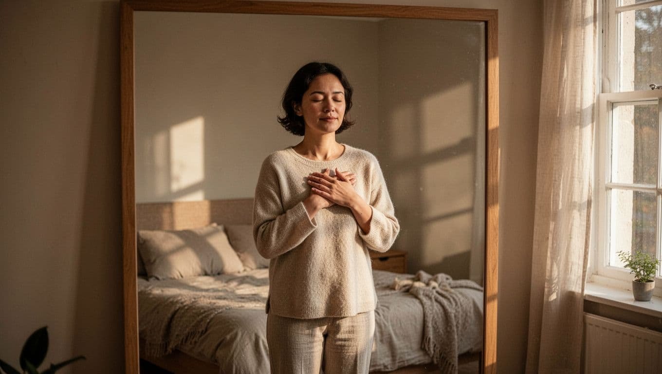Exactly one person stands in front of a mirror in a calm bedroom, one hand gently on heart, soft expression of self-kindness, warm natural light, realistic style.