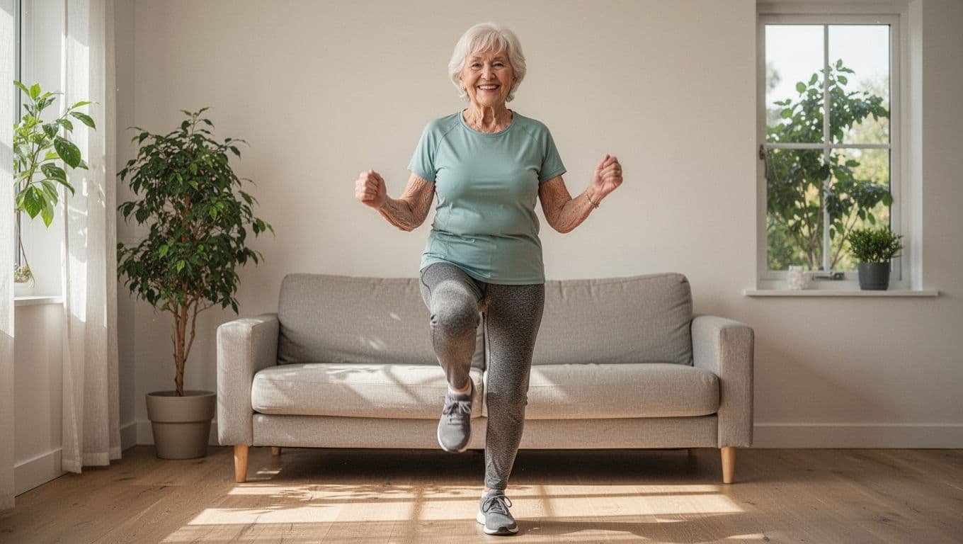 Senior woman in her 60s does beginner-friendly marching in place for knee mobility in a bright home living room, full body front view.