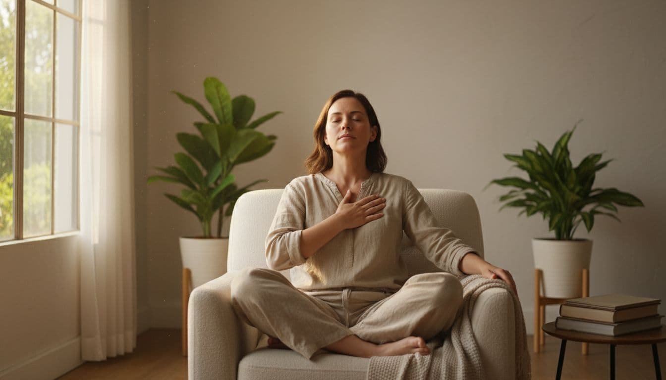 A person sits relaxed in a cozy chair by a sunlit window, hand gently placed over their heart, eyes closed in peaceful awareness, surrounded by simple plants in warm morning light.
