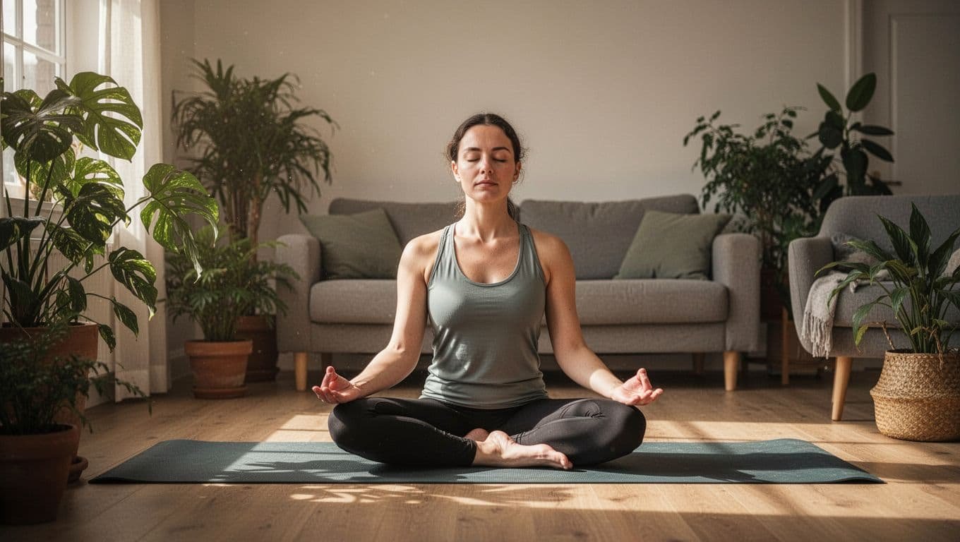 A person sits cross-legged on a yoga mat in a serene home living room with plants and soft window light, practicing mindfulness meditation with eyes closed and hands relaxed on knees, peaceful expression.