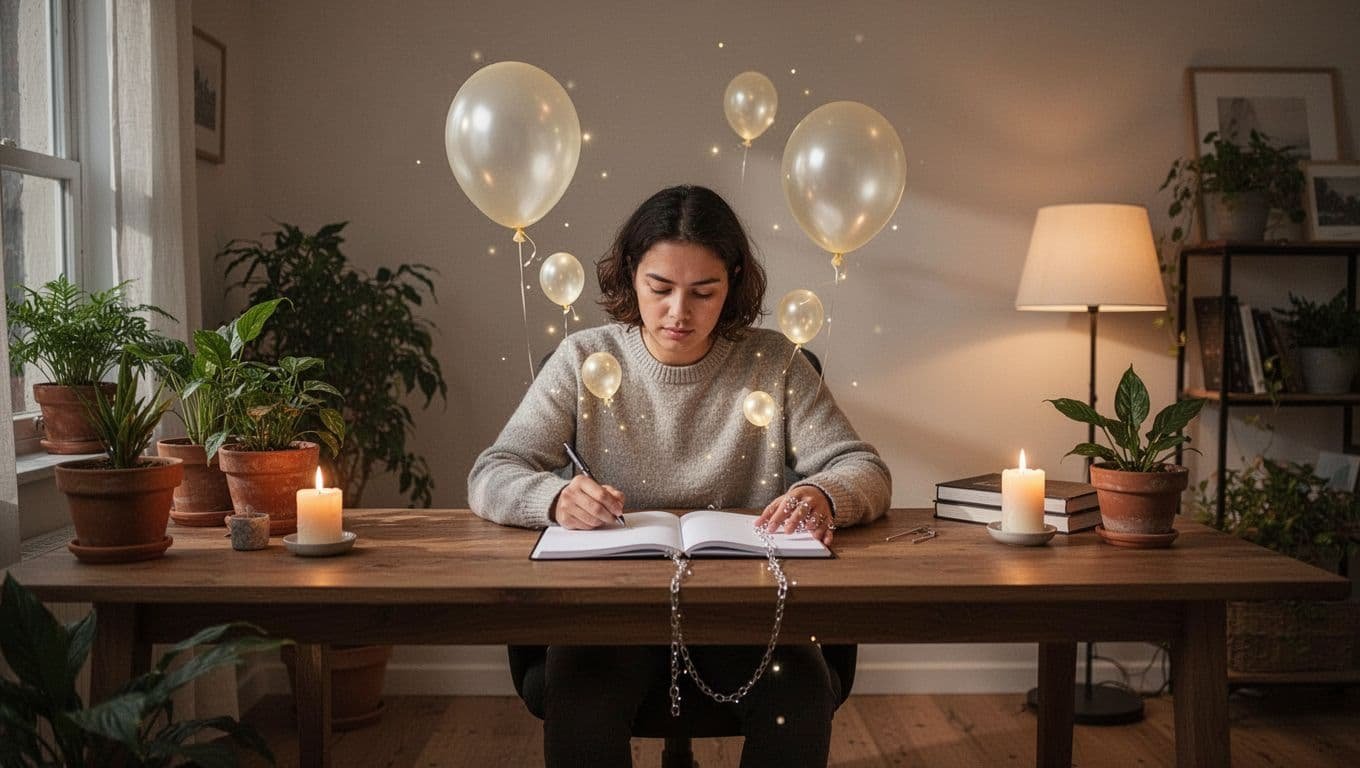 A single person in a peaceful home office with soft warm lighting sits at a desk writing in a journal, surrounded by symbolic elements like releasing glowing balloons or breaking chains that represent letting go of past emotional hurts, with a serene expression in a cozy atmosphere featuring plants and a candle.