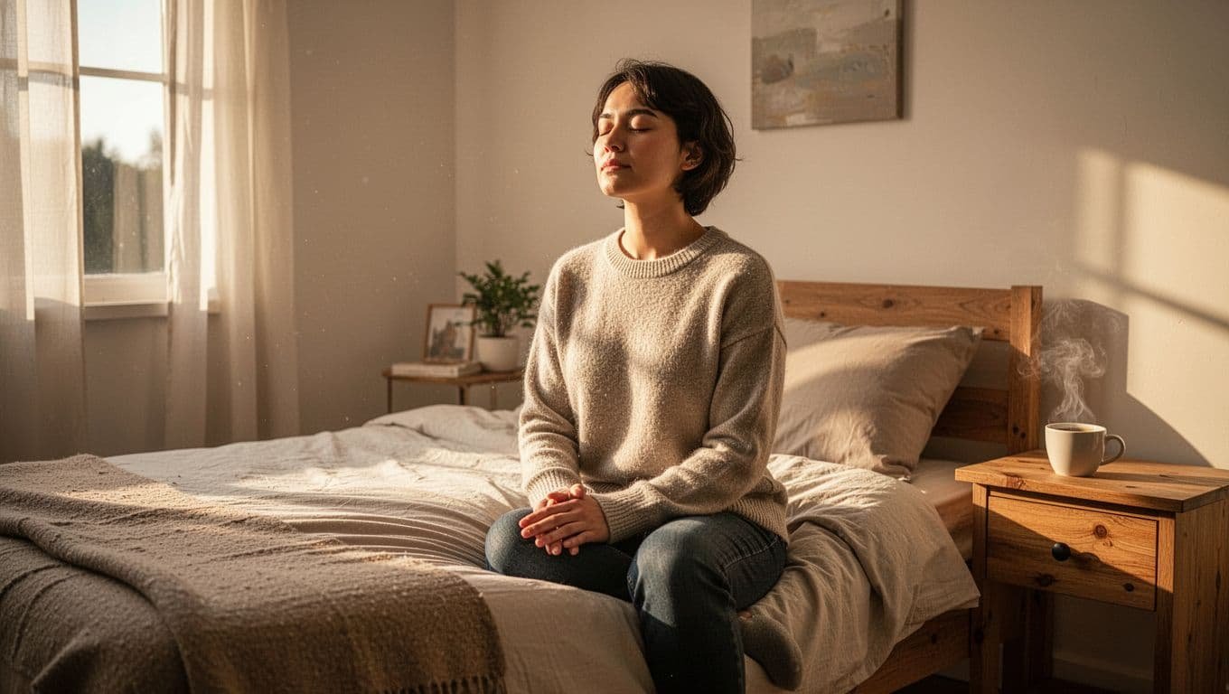 In a cozy bedroom filled with soft morning sunlight, a single adult person sits upright on the bed edge with eyes closed and hands in lap, peacefully performing a 2-minute emotional check-in beside a steaming cup of coffee on the nightstand.