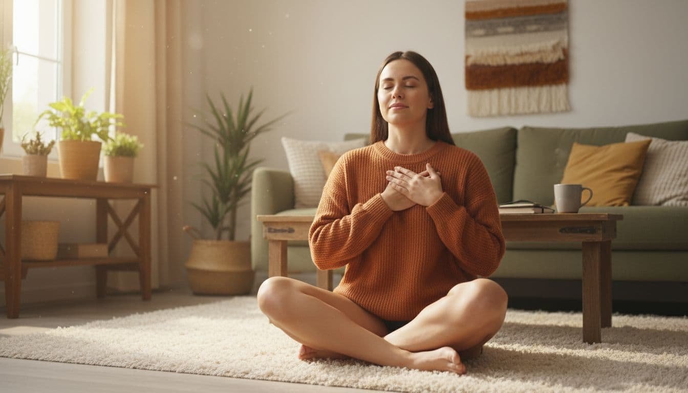 A serene woman sits cross-legged on a soft rug in a cozy living room, eyes closed with hands on her heart, softly affirming her thoughts and feelings in warm natural light and calming earth tones.
