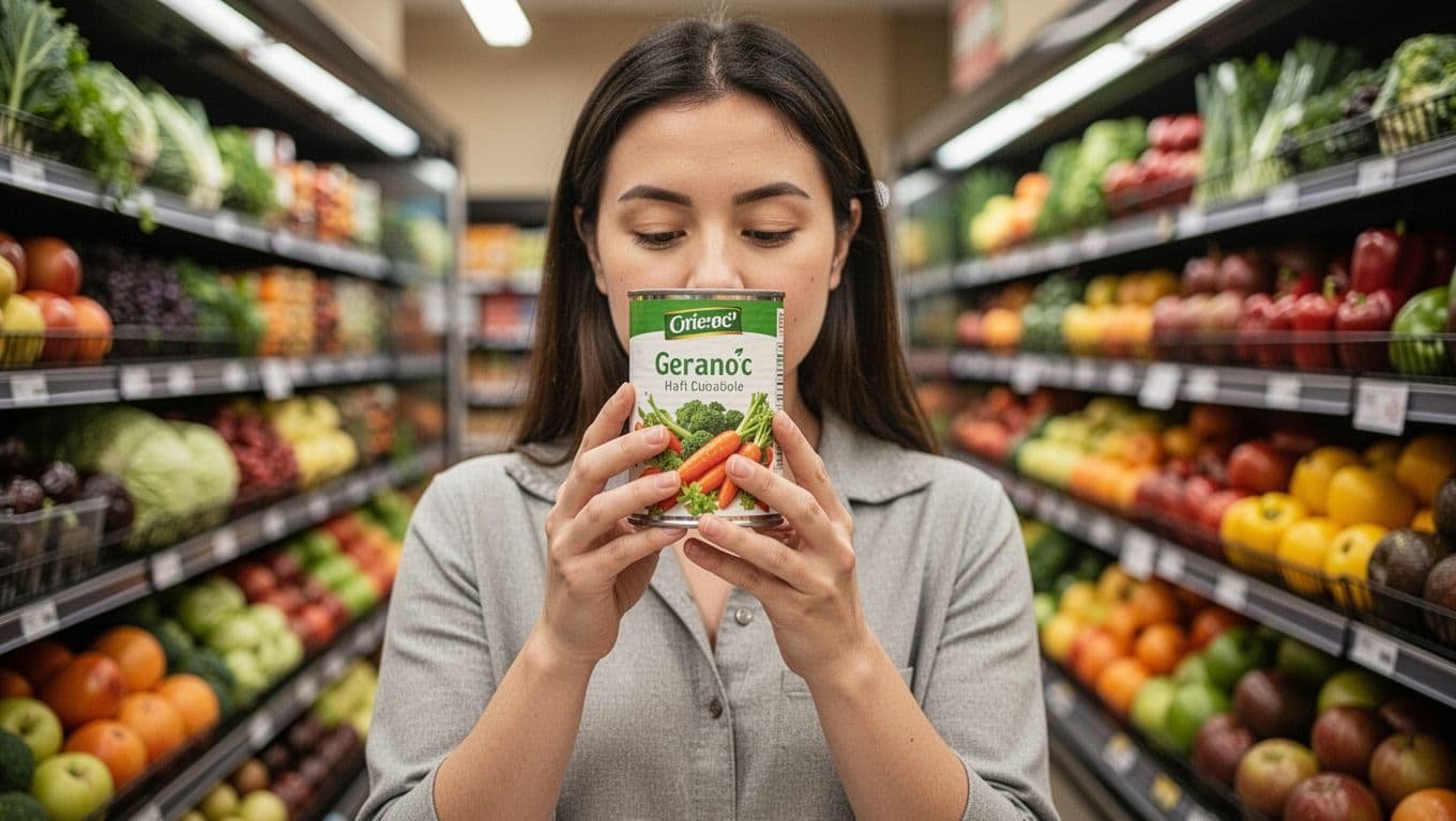 A shopper in a grocery store aisle holds a can of vegetables or soup close to their face, carefully reading the nutrition label with fresh produce shelves in soft focus background.