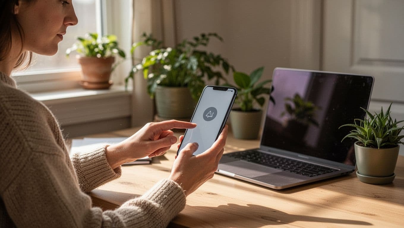 Person in home office turns off smartphone notifications with calm focused expression, closed laptop and plants nearby.