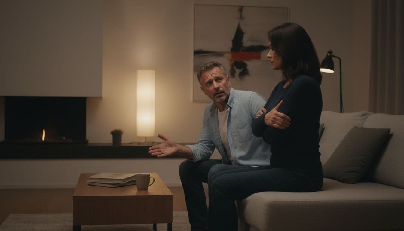 Realistic evening photo of a middle-aged couple in a modern living room; one spouse sits arms crossed facing away ignoring the distressed partner reaching out, tense atmosphere of prolonged silent treatment.