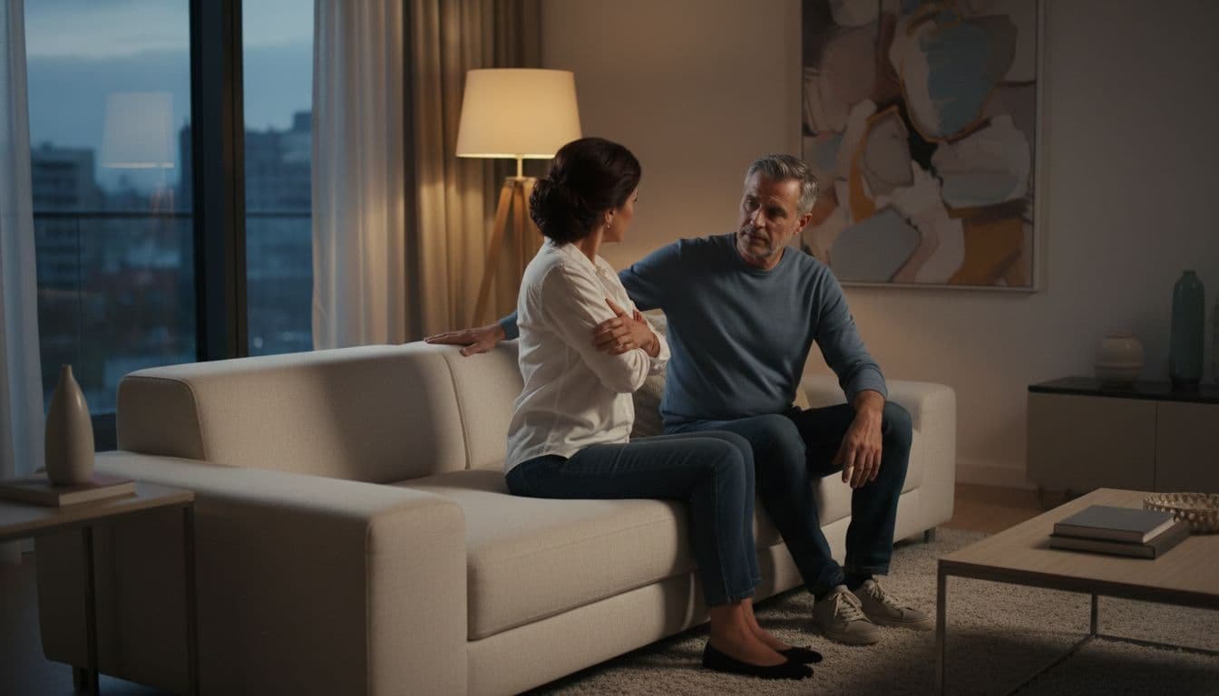 A middle-aged married couple sits on a couch in a modern evening living room; one spouse turns away coldly with arms crossed, while the other reaches out gently with concern, illustrating tense silent treatment.