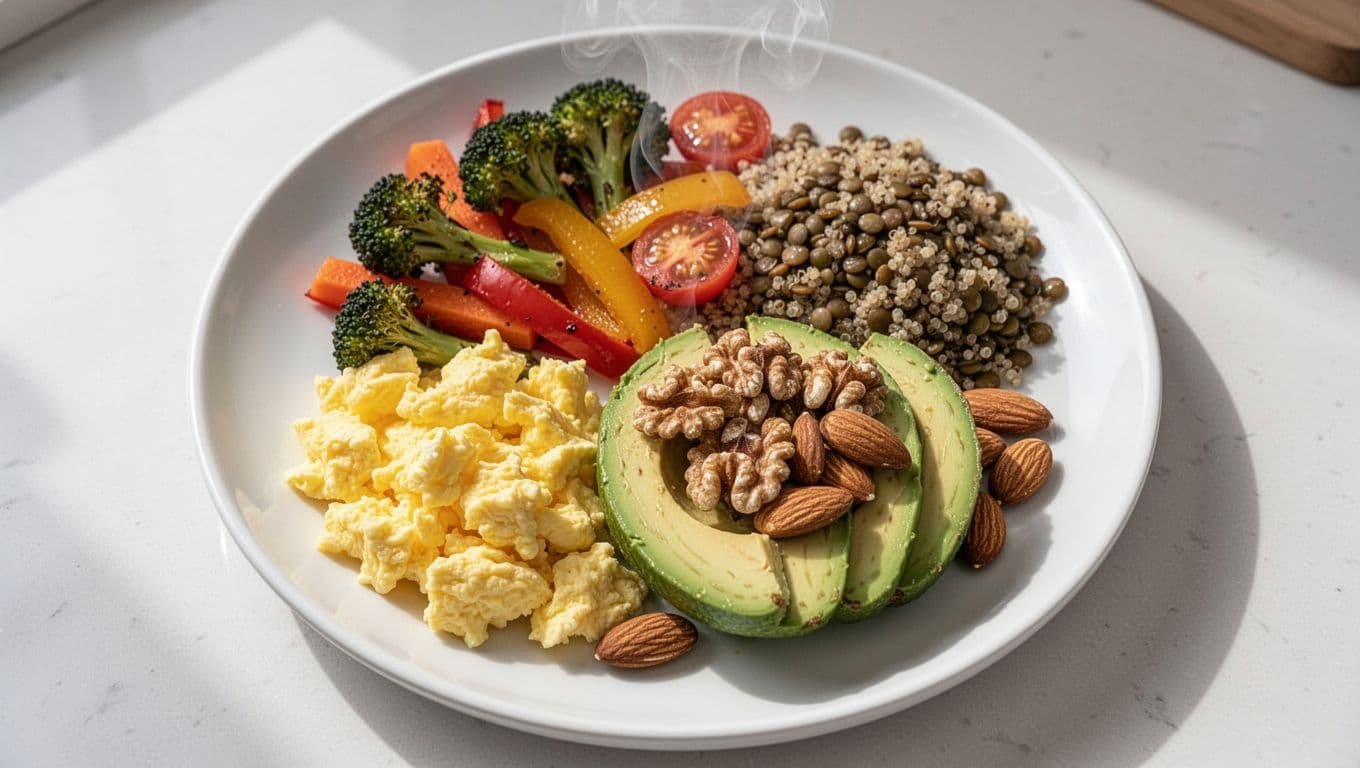 Top view of white plate quartered with scrambled eggs, roasted broccoli carrots peppers tomatoes, lentils, sliced avocado, walnuts almonds, slight steam rising.