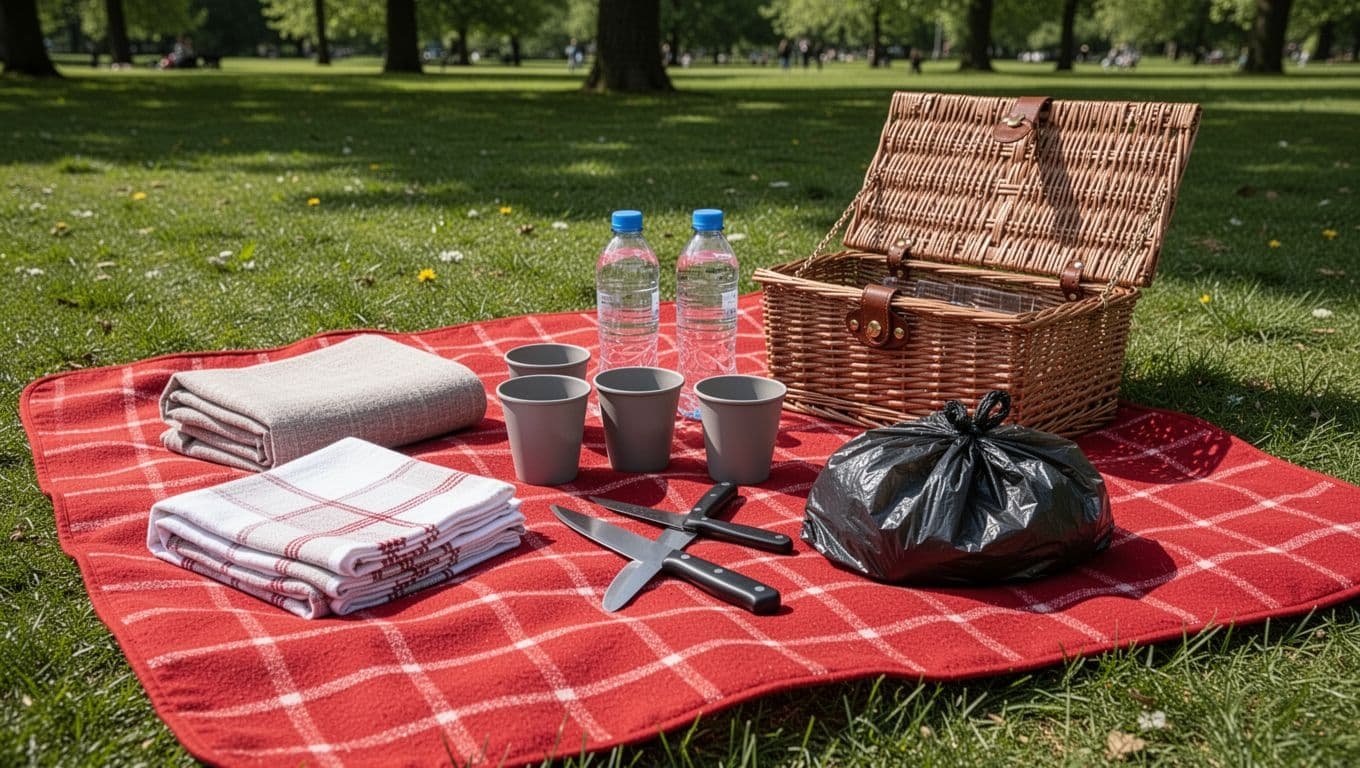 Picnic items on red checkered blanket in sunny park grass: napkins, cups, bottles, knife, trash bag, open basket.