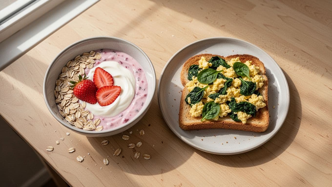 Top view of five simple spring breakfast dishes on a light table: strawberry yogurt bowl with oats, spinach scrambled eggs on toast, berry overnight oats in a jar, mini asparagus frittata, and rhubarb oatmeal, in soft morning light.