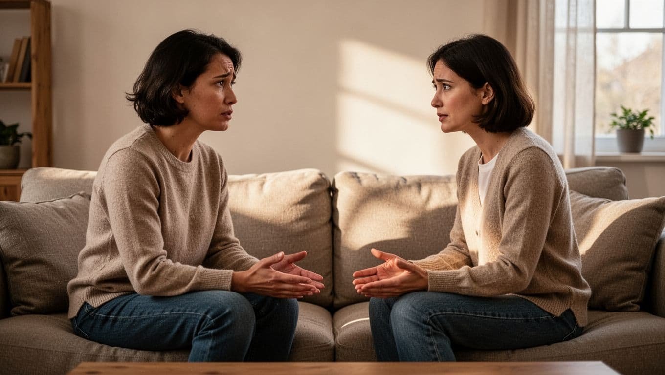 Two people seated face-to-face on a couch in a calm living room, one sincerely apologizing with expressions of understanding and relief, illuminated by warm natural window light in realistic photo style.
