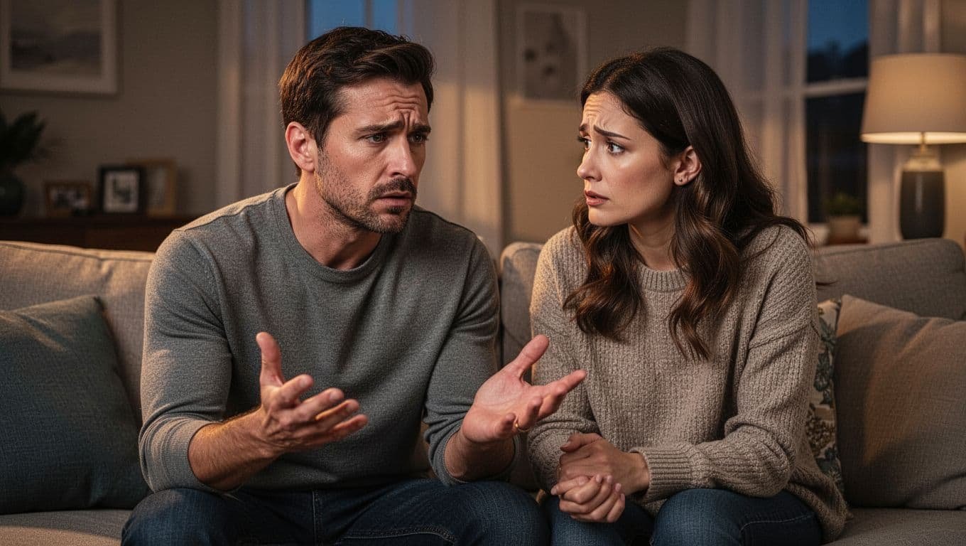 Man and woman sit close on couch; he shows remorse with open palms up, she listens attentively.