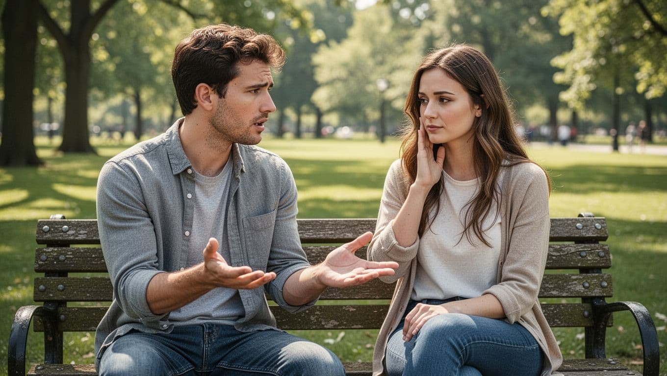 Mid-20s man and woman sitting on a park bench in daylight, man with open palms expressing sincere apology, woman nodding with calm understanding, relaxed natural poses, realistic photo with soft natural light.