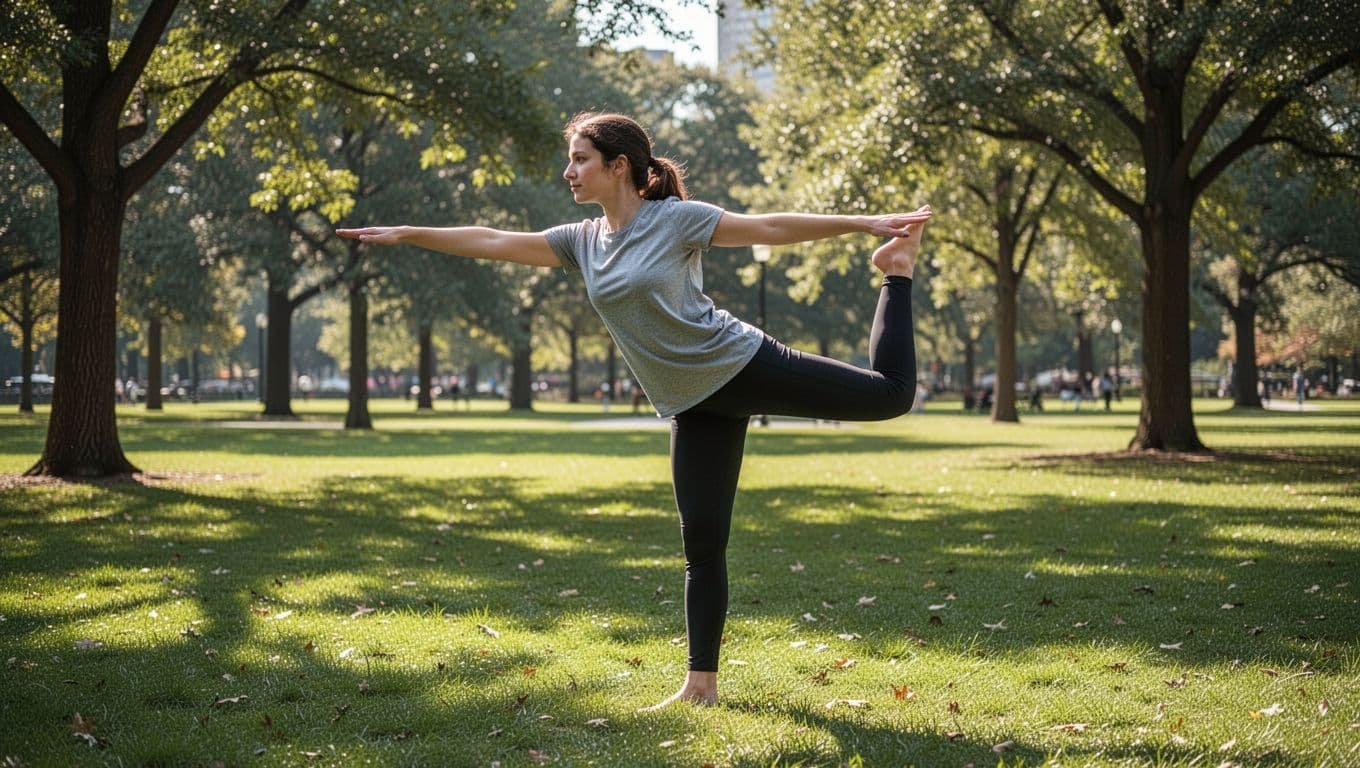 Side profile full body view of a person balancing on one leg and reaching forward with the opposite arm in a park, demonstrating a stable pose for knee stability exercises in outdoor daylight realistic photography.
