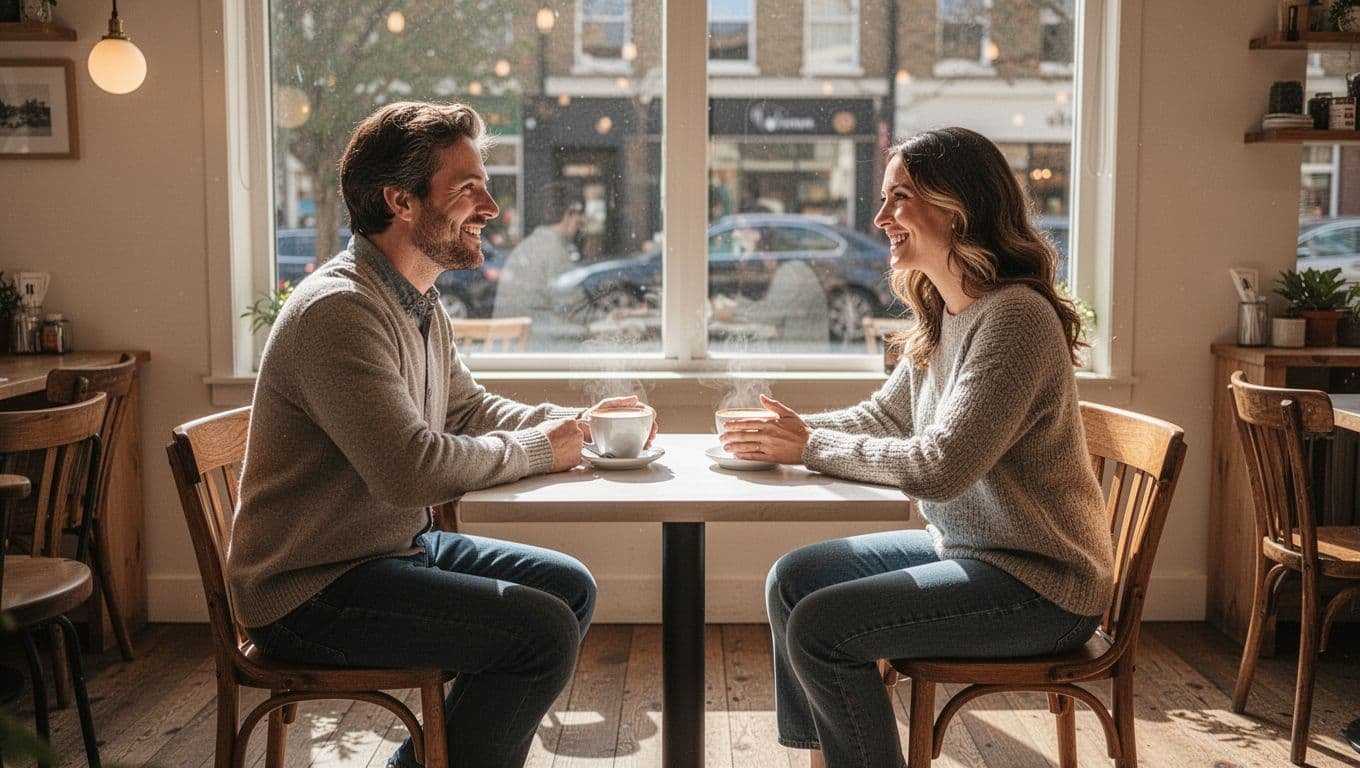 A single parent on a relaxed first coffee date in a bright cafe, smiling and talking naturally across from another adult, with warm daylight and outdoor views, realistic photo style.