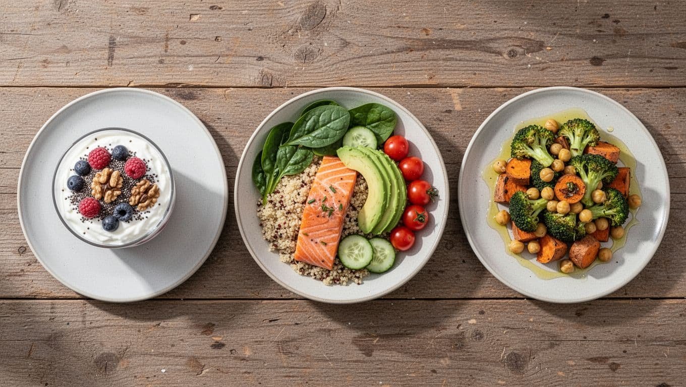 Top-down view of wooden table with three plates: yogurt parfait with berries and nuts, salmon quinoa bowl with veggies, roasted vegetables with chickpeas.