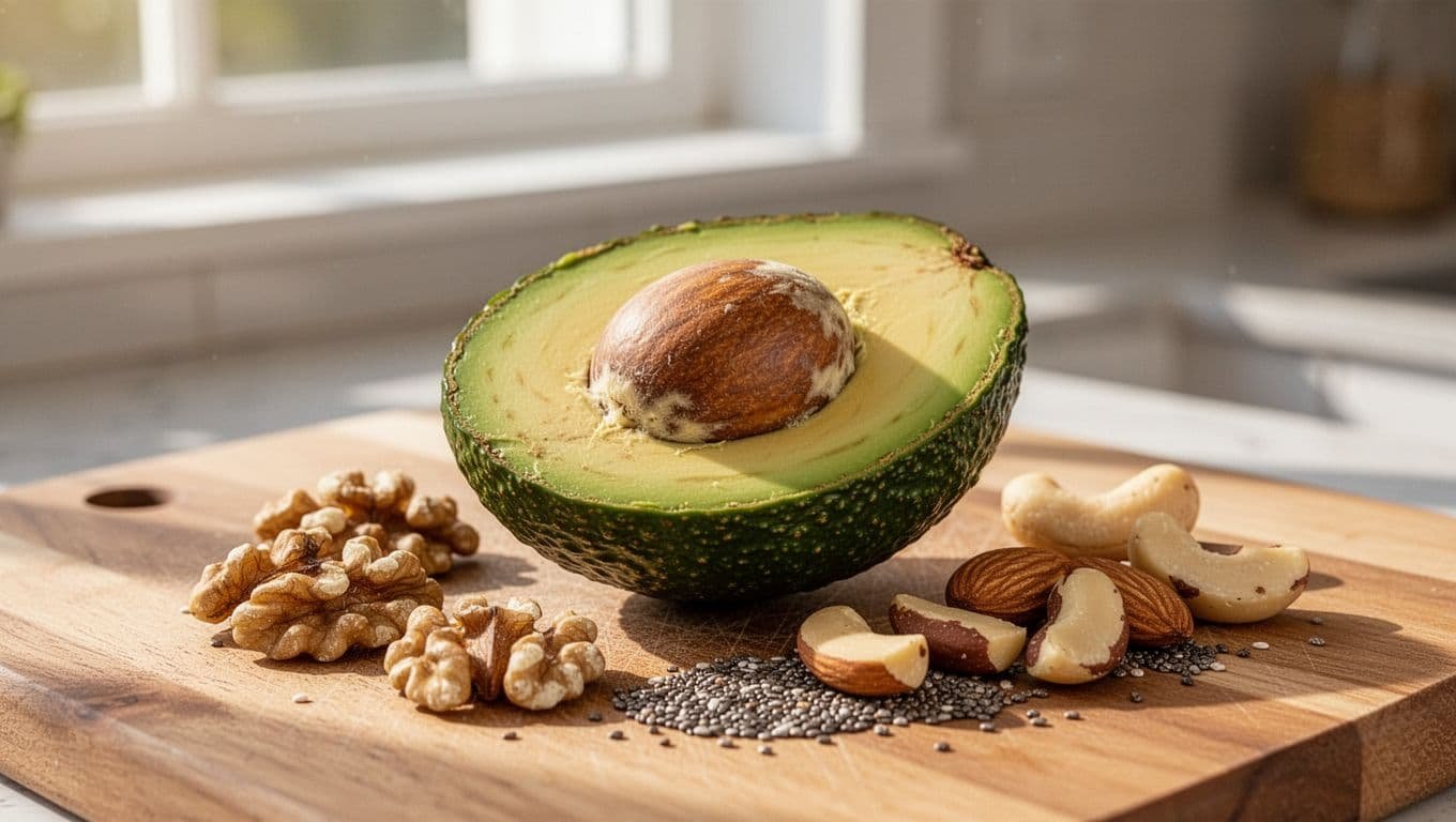 Sliced half avocado with pit removed, small piles of walnuts, almonds, chia seeds, and Brazil nuts on wooden cutting board.