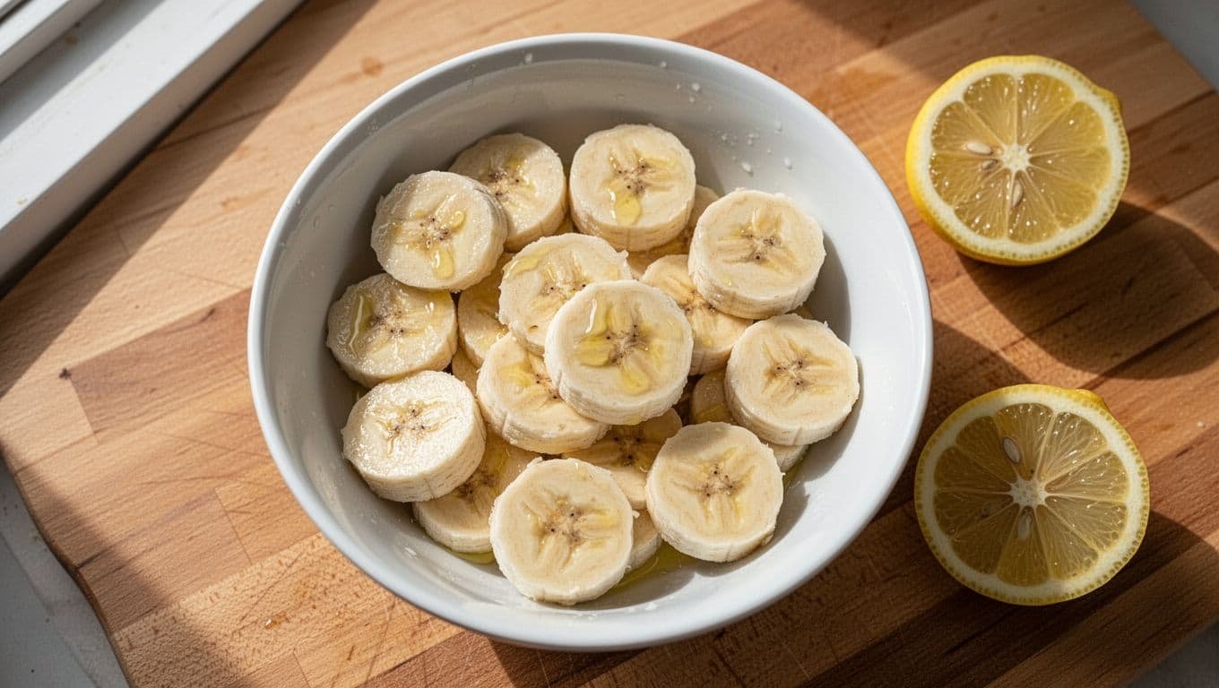 Freshly sliced ripe bananas brushed with lemon juice in a white bowl on a wooden counter, lemon half nearby, top-down photorealistic food photo showing freshness.