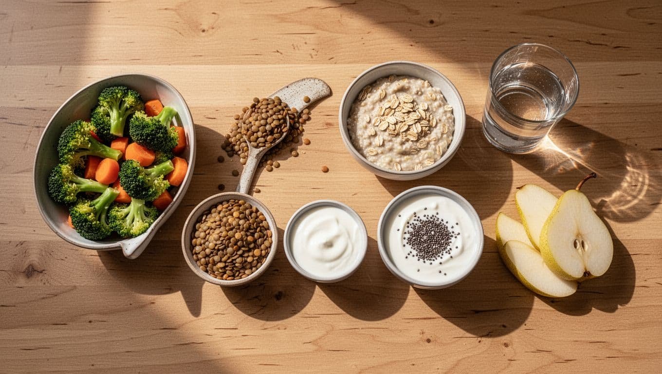 Overhead view of wooden kitchen table with small portions of broccoli and carrots, lentils, oats porridge, yogurt with chia seeds, sliced pear, and water glass.