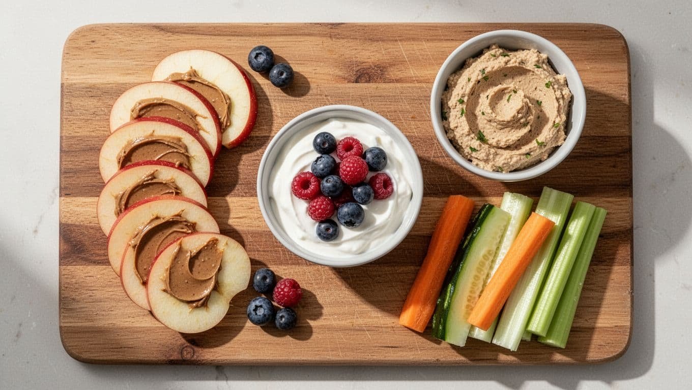 Overhead view of wooden cutting board with apple slices topped with almond butter, Greek yogurt with mixed berries, and veggie sticks beside hummus.