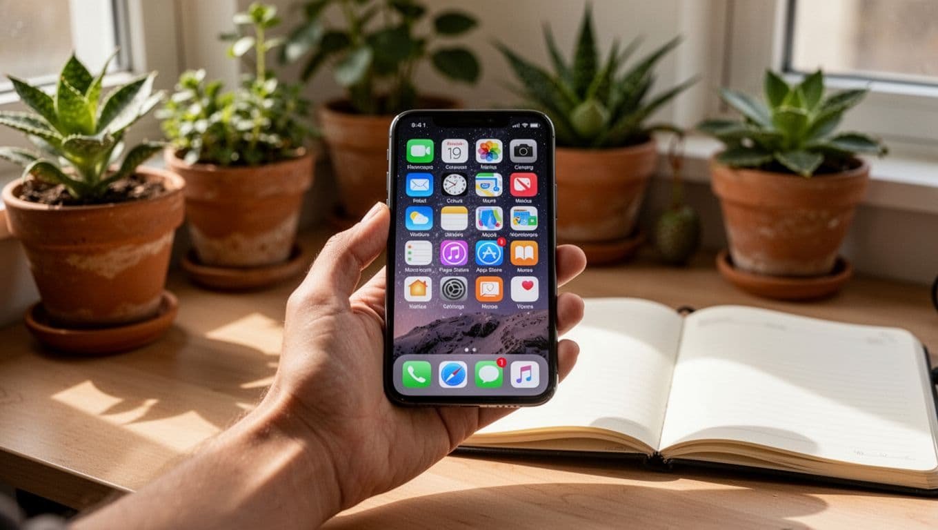 A hand holds a smartphone displaying home screen icons for screen time management apps Forest, Opal, One Sec, and Qustodio in a cozy workspace with plants and notebook. Realistic photo style with soft natural lighting from a window.