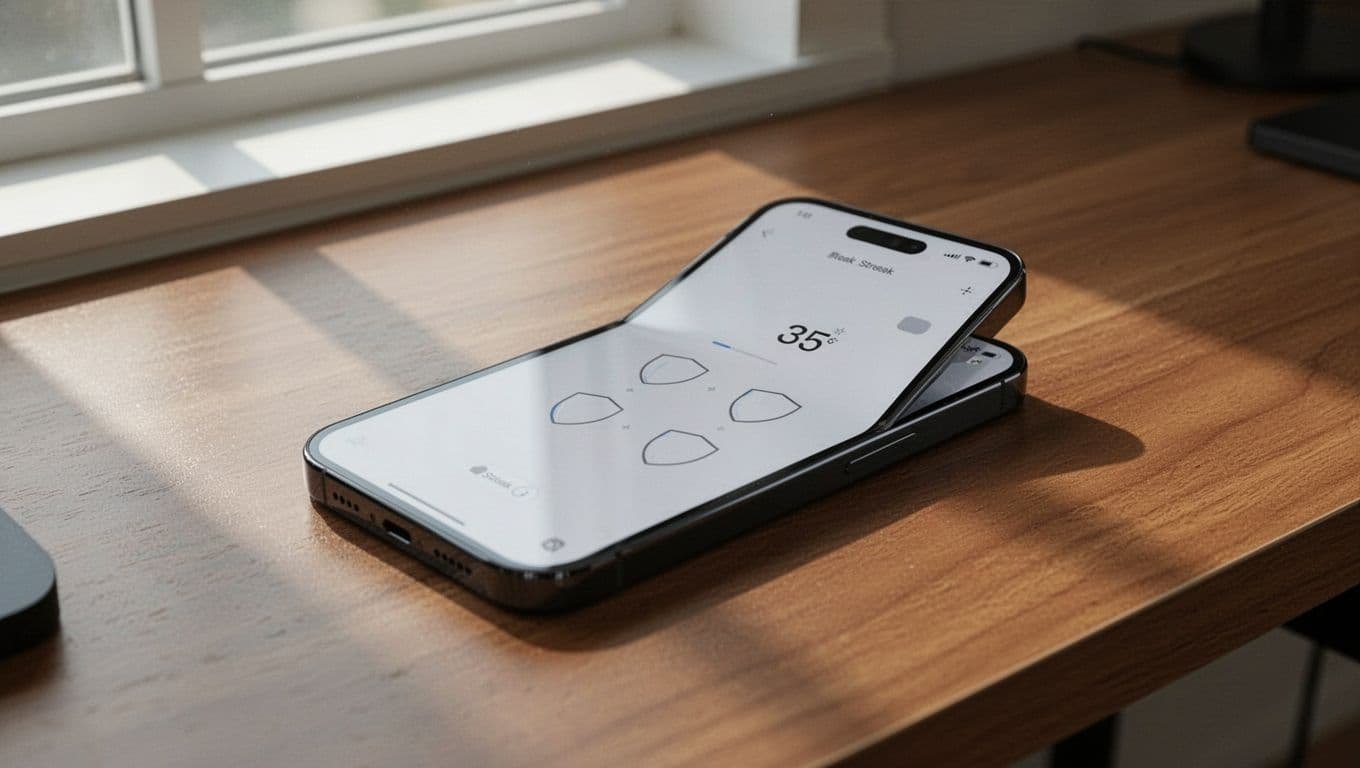 Smartphone on wooden desk shows porn blocker app screen with shield icons and streak counter at slight angle.