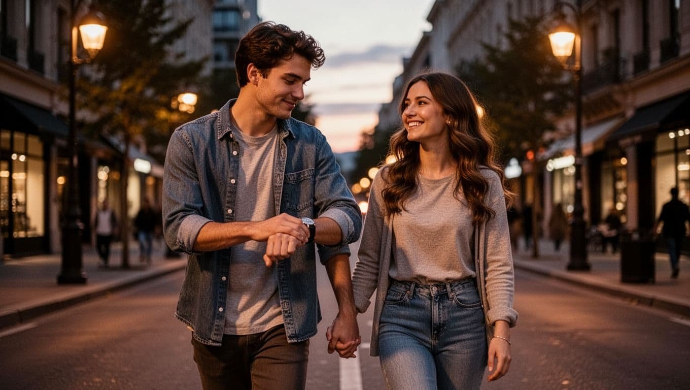 A mid-20s couple walks hand-in-hand after a date on a city street at dusk with soft lights, both smiling contentedly; the man checks his watch to show punctuality while the woman looks pleased, highlighting trust and reliability.