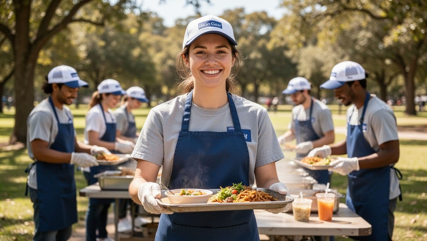 One person smiling purposefully while holding a tray of food at an outdoor community volunteering event in a sunny park, with blurred background volunteers.