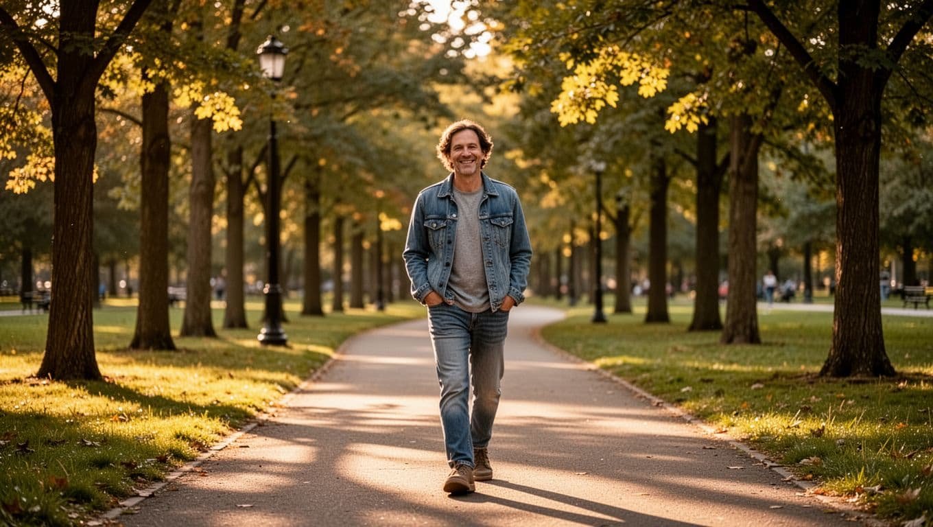 A single person walks outdoors on a tree-lined park path during golden hour sunlight, smiling relaxed with hands in pockets, enjoying nature without holding a phone, in casual clothes.