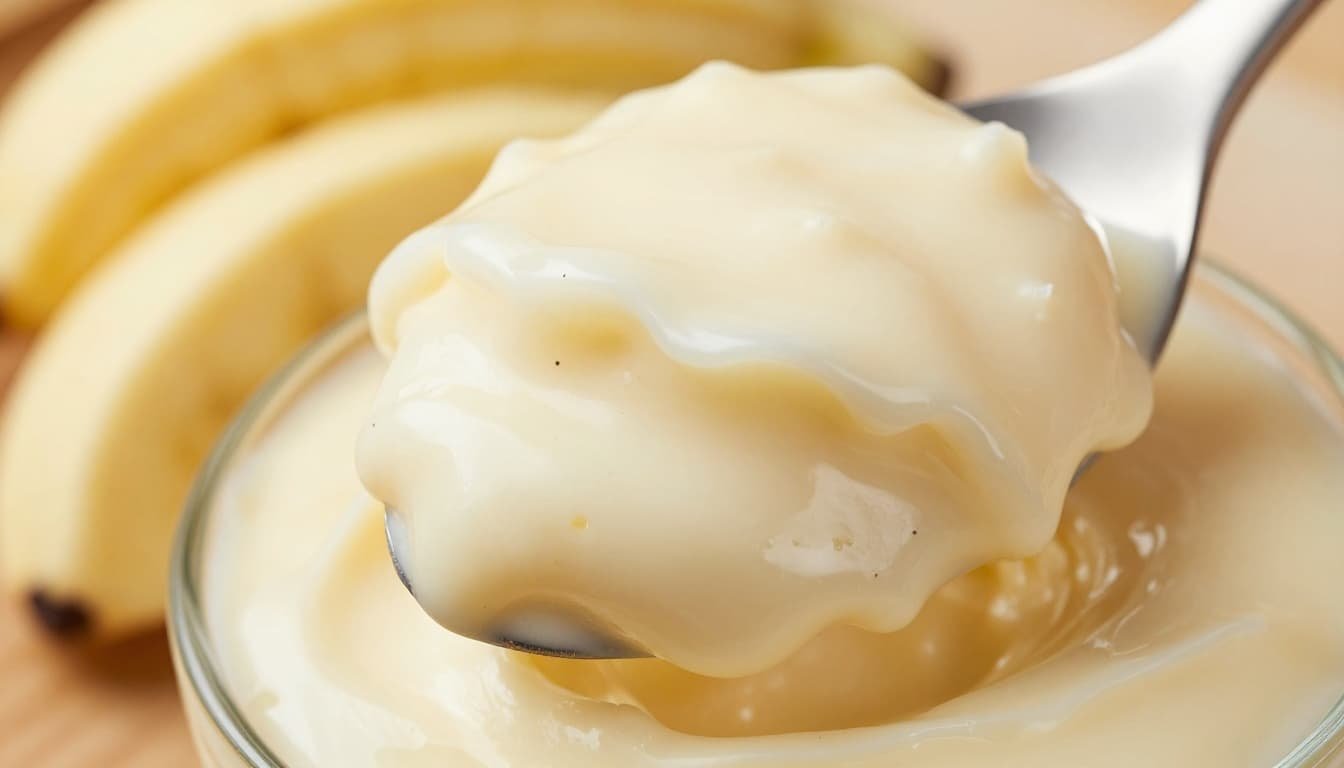 Close-up of smooth creamy banana pudding filling scooped with a spoon, rich texture with tiny vanilla bean specks, thick and velvety consistency under soft warm lighting on a wooden table.