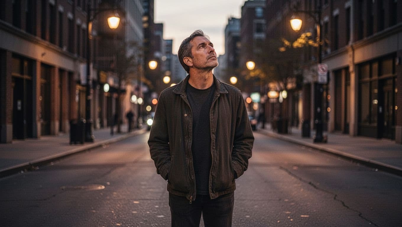 A single adult walks alone down a quiet urban street at dusk, looking pensive and fatigued with hands in pockets and soft city lights blurring in the background, emphasizing isolation.