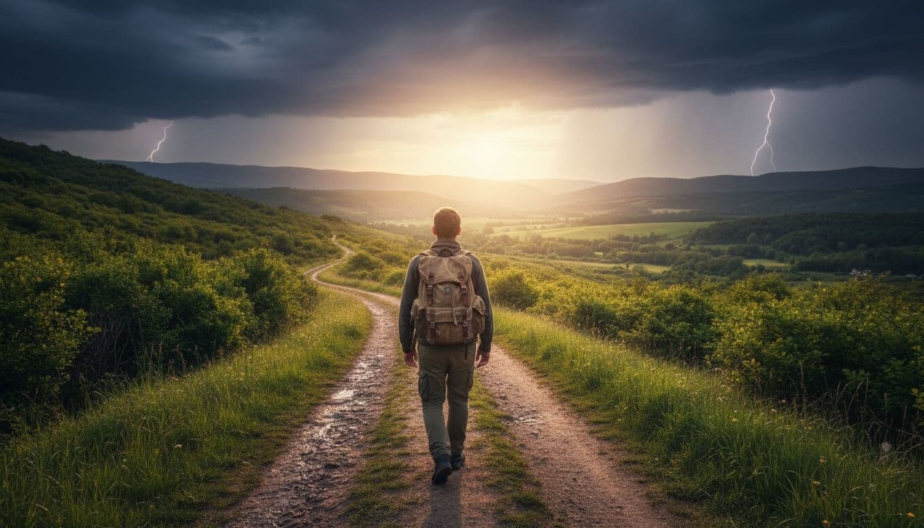 A solitary figure with a backpack walks away on a peaceful path toward sunlight, leaving a stormy area behind in a natural outdoor landscape at dawn light, realistic photo style.