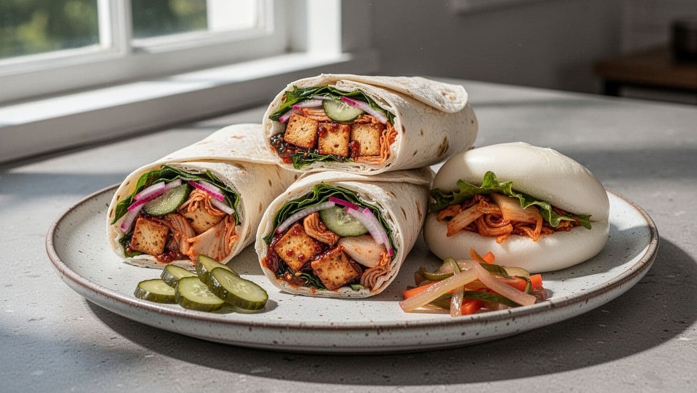 Three spicy global fusion wraps sliced in half to reveal Korean-inspired fillings like gochujang-glazed tofu or chicken, kimchi, pickled cucumber and radish, and fresh greens in soft flour tortillas or bao buns, arranged on a plate with pickled side veggies in a kitchen counter setting under natural window light.