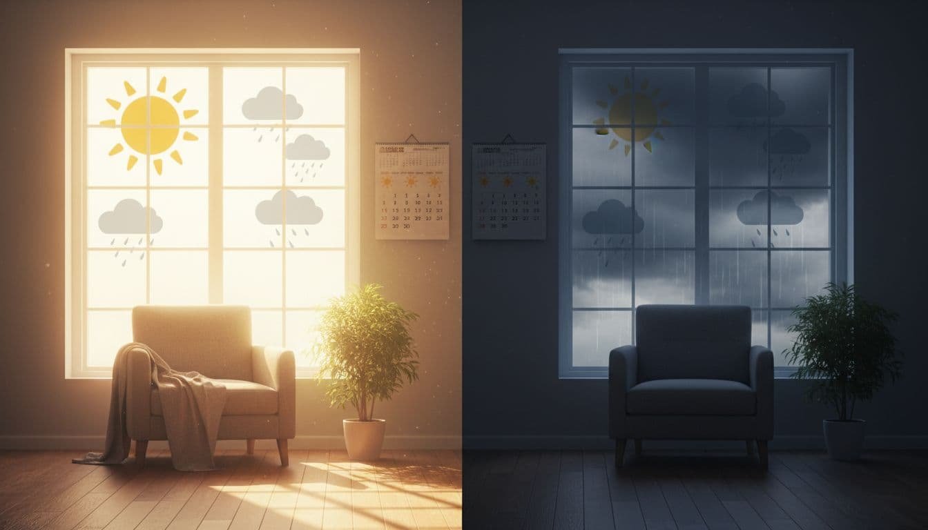 Split scene of a wall calendar marking alternating sunny and rainy days, representing inconsistent hot and cold partner dynamics; one side bright with sunlight and happy vibe, the other dark with clouds and empty chair in realistic interior.