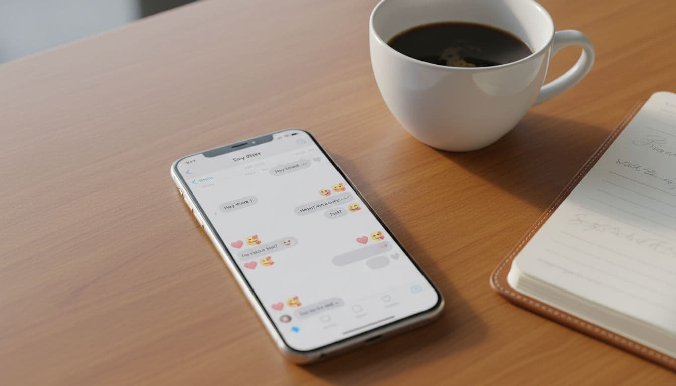 Smartphone on a wooden desk beside a half-empty coffee cup and notebook, screen displaying sporadic flirty chat bubbles with emojis, short replies, and hearts over several days, in soft natural morning light.