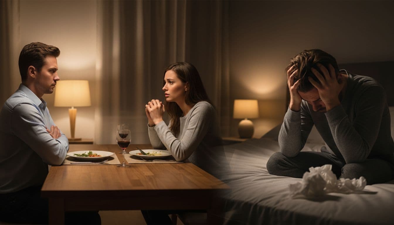 Split composition realistic photo: left half shows spouse at dinner table arms crossed ignoring pleading partner; right half same spouse alone in bedroom overwhelmed head in hands. Warm home evening lighting highlights marriage conflict.