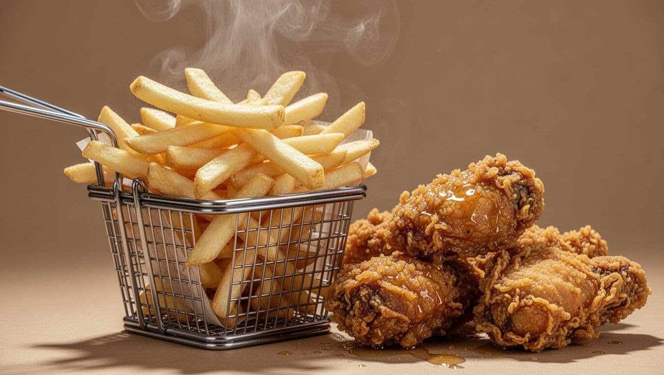 Steaming basket of golden french fries next to pieces of fried chicken with an oily glistening surface, captured in fast food style realistic photo on a plain background with soft overhead lighting.