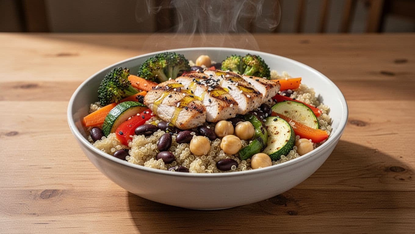 White ceramic bowl of steaming quinoa topped with roasted broccoli, carrots, zucchini, peppers, black beans, chickpeas, grilled chicken, sesame seeds, and tahini drizzle on wooden table.
