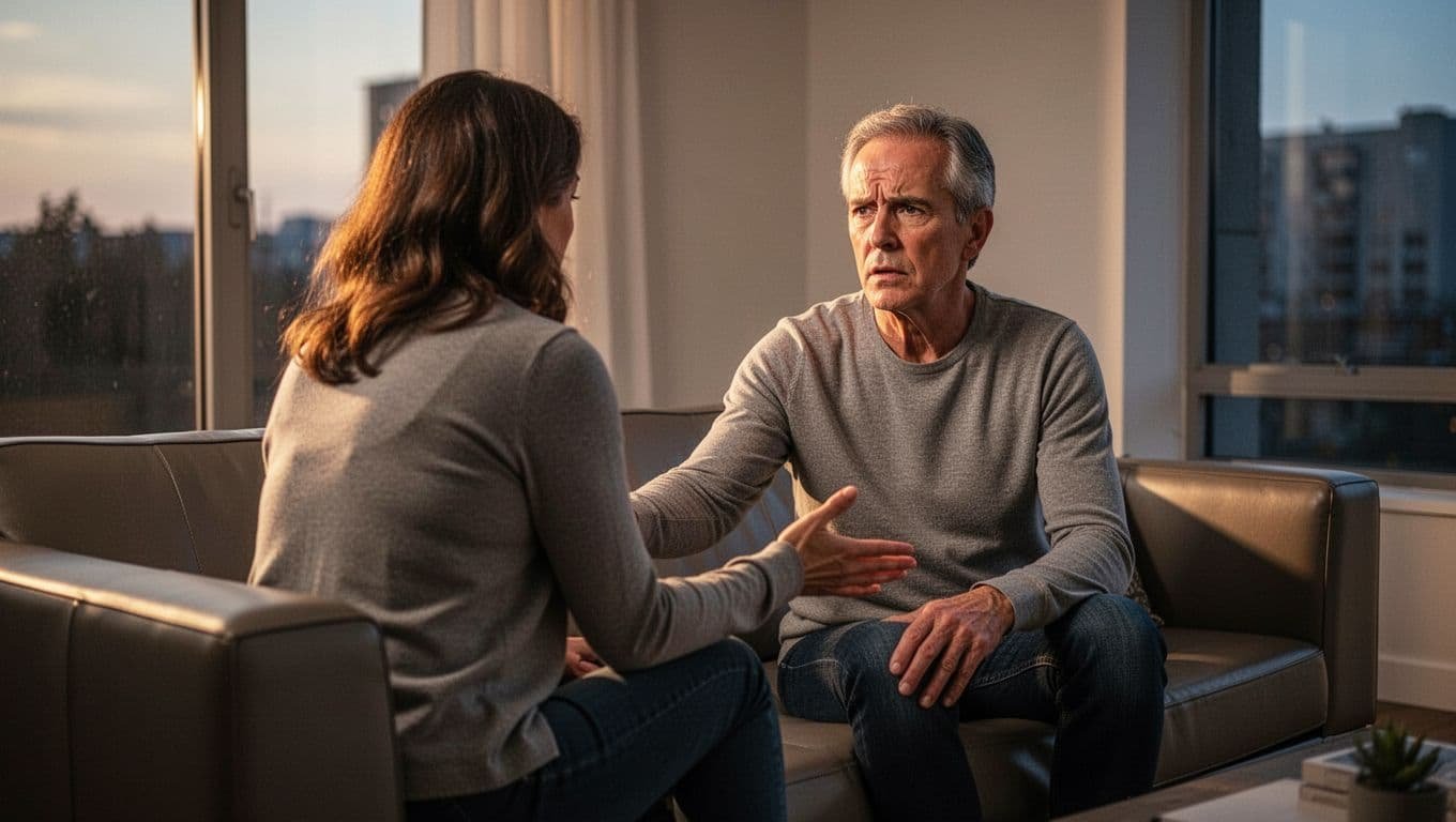Middle-aged couple on a couch in a modern home, one partner stonewalling by turning away while the other looks hurt and reaches out gently amid emotional tension and natural evening light.