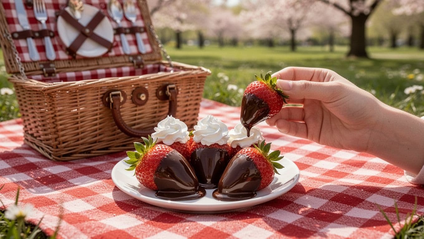 Fresh strawberries half-dipped in chocolate or whipped cream on white plate beside open picnic basket on red checkered blanket in park.