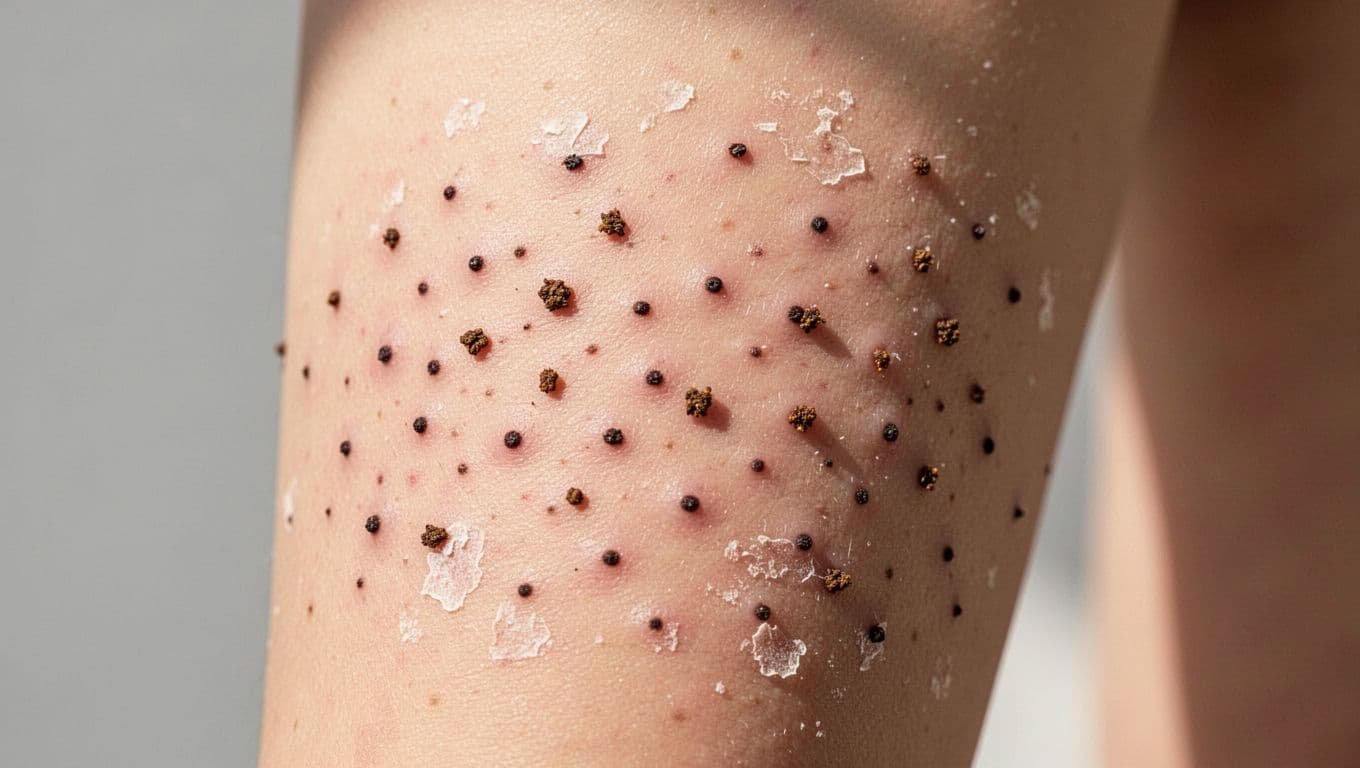Close-up of light skin on a woman's leg with scattered dark pinpoint pores clogged with debris like strawberry seeds and subtle dry flaky patches, in realistic clinical style with soft natural lighting and high detail on follicles.